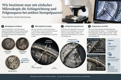 Wie bestimmt man mit einfacher mikroskopie die schlagrichtung und prägesequenz bei antiken stempelpaaren
