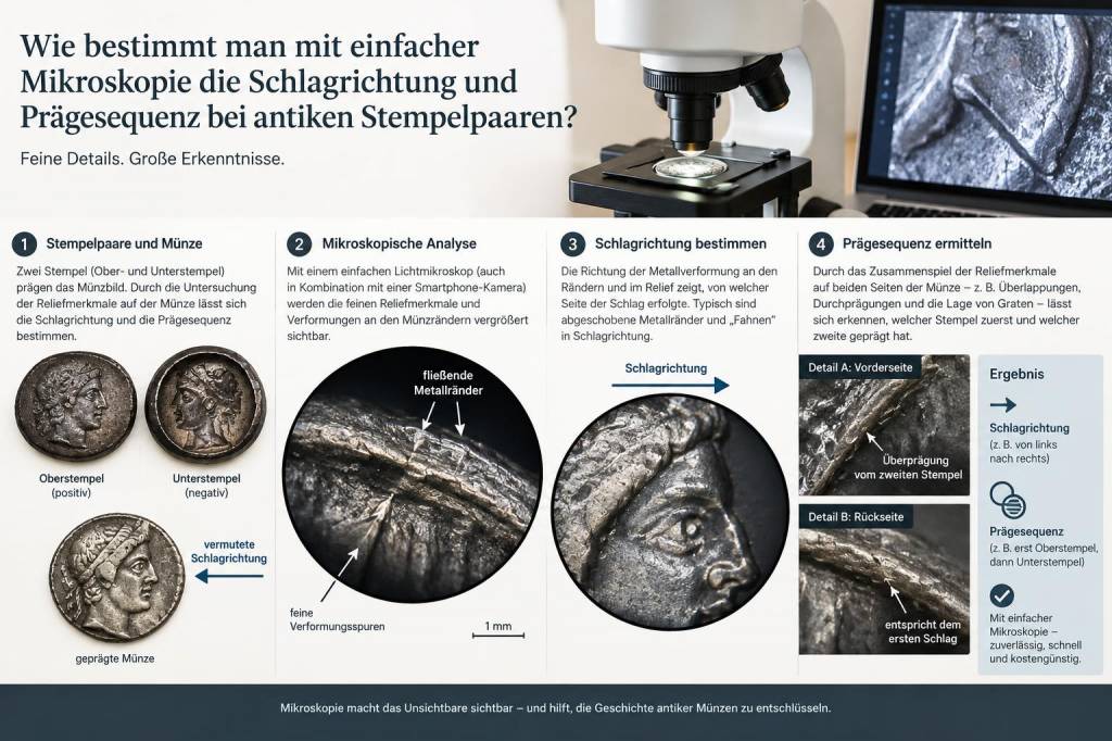 Wie bestimmt man mit einfacher mikroskopie die schlagrichtung und prägesequenz bei antiken stempelpaaren